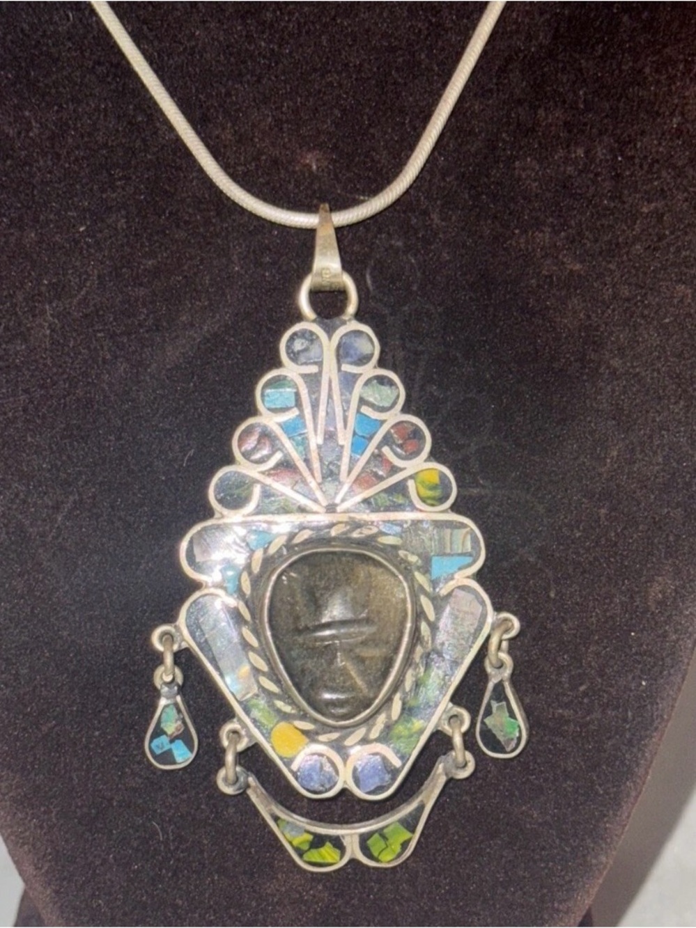 Vintage large sterling 925 carved Aztec goddess inlay stones pendant W Chain